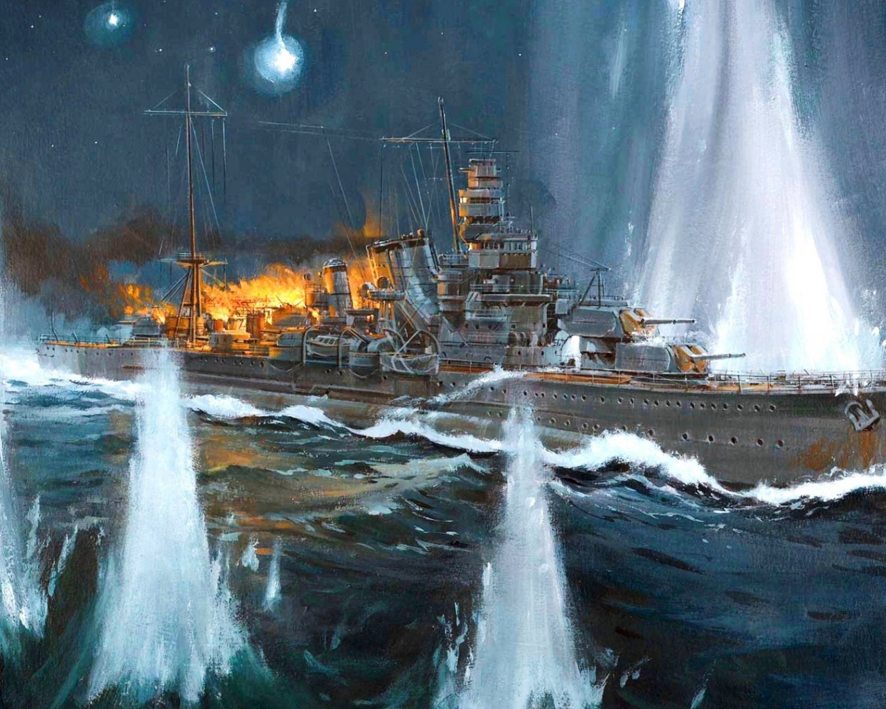 Горящий корабль в фонтанах