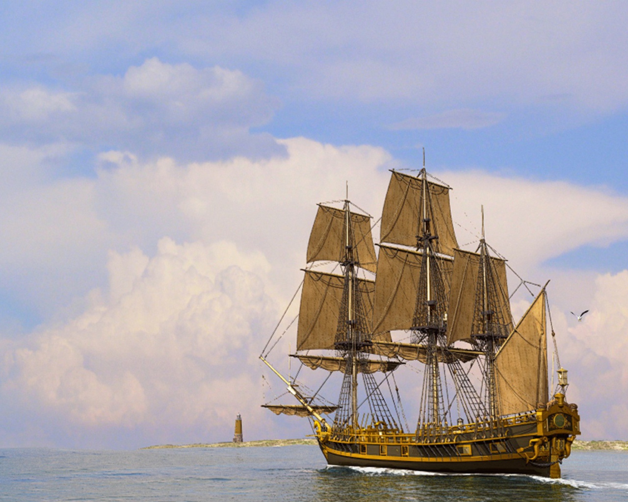 Парусный корабль у маяка