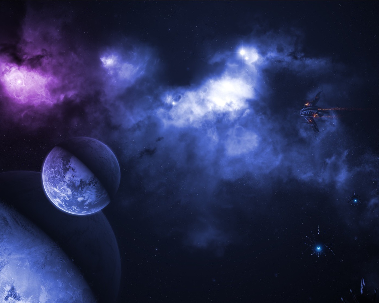 Космические корабли летят у планеты