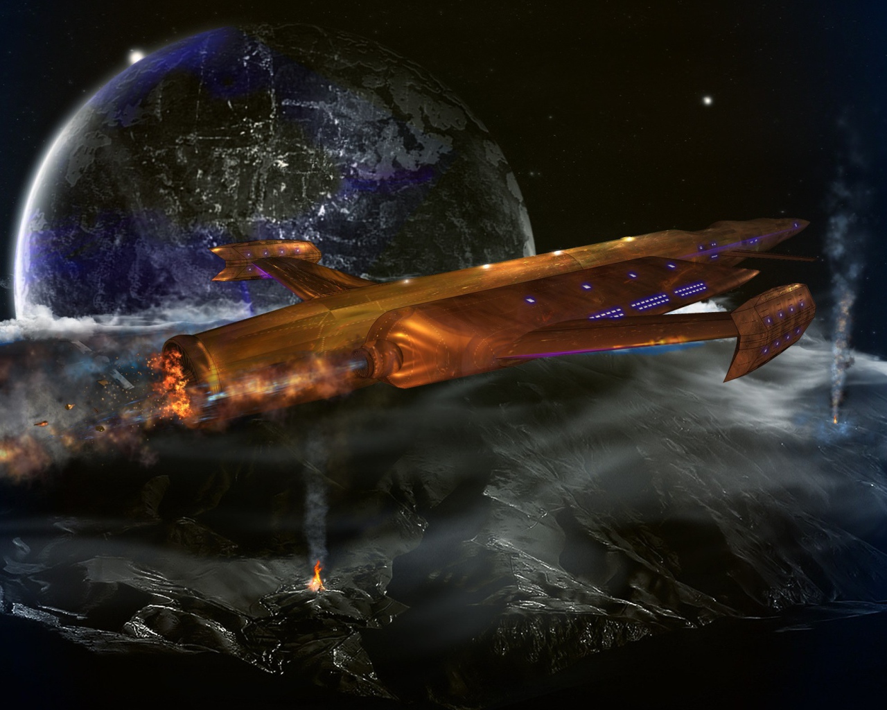 Космический корабль пролетает над планетой