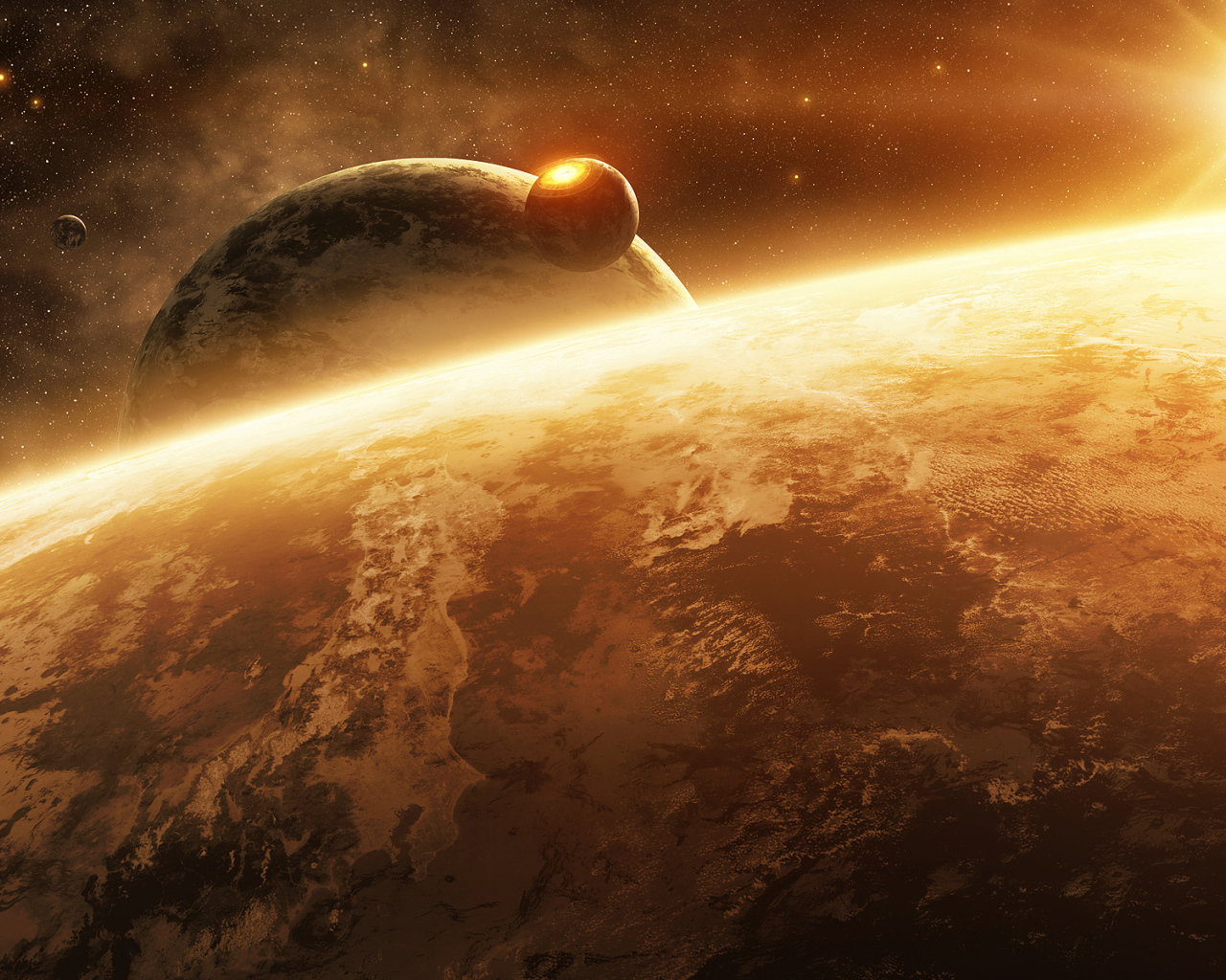 Поверхность планеты и солнце