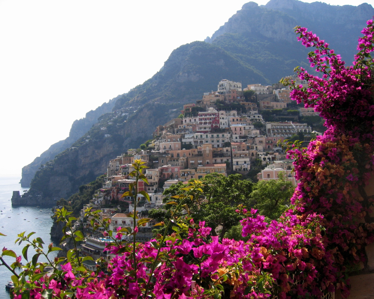 Цветы на фоне курорта Позитано, Италия