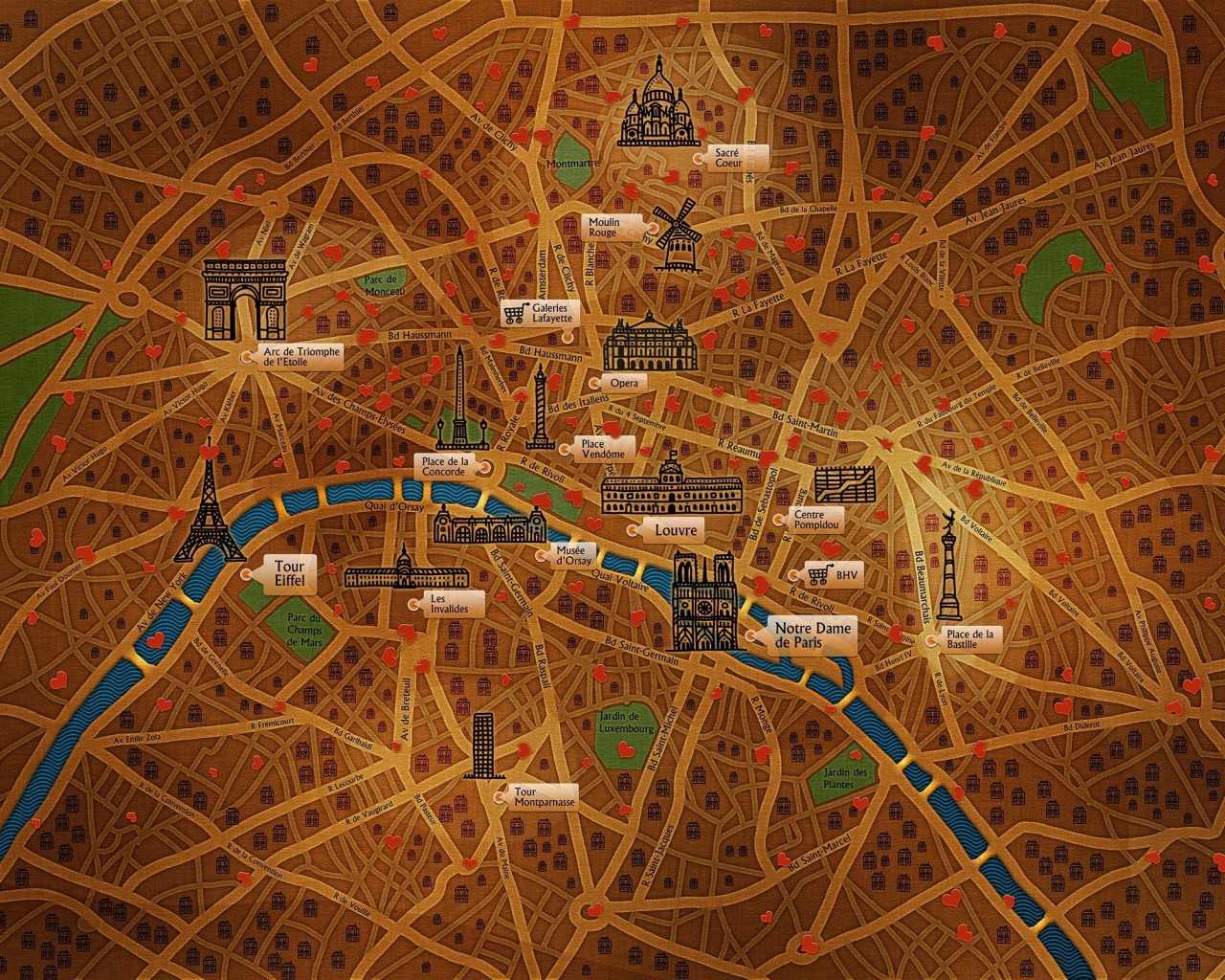 Большая карта достопримечательностей Парижа