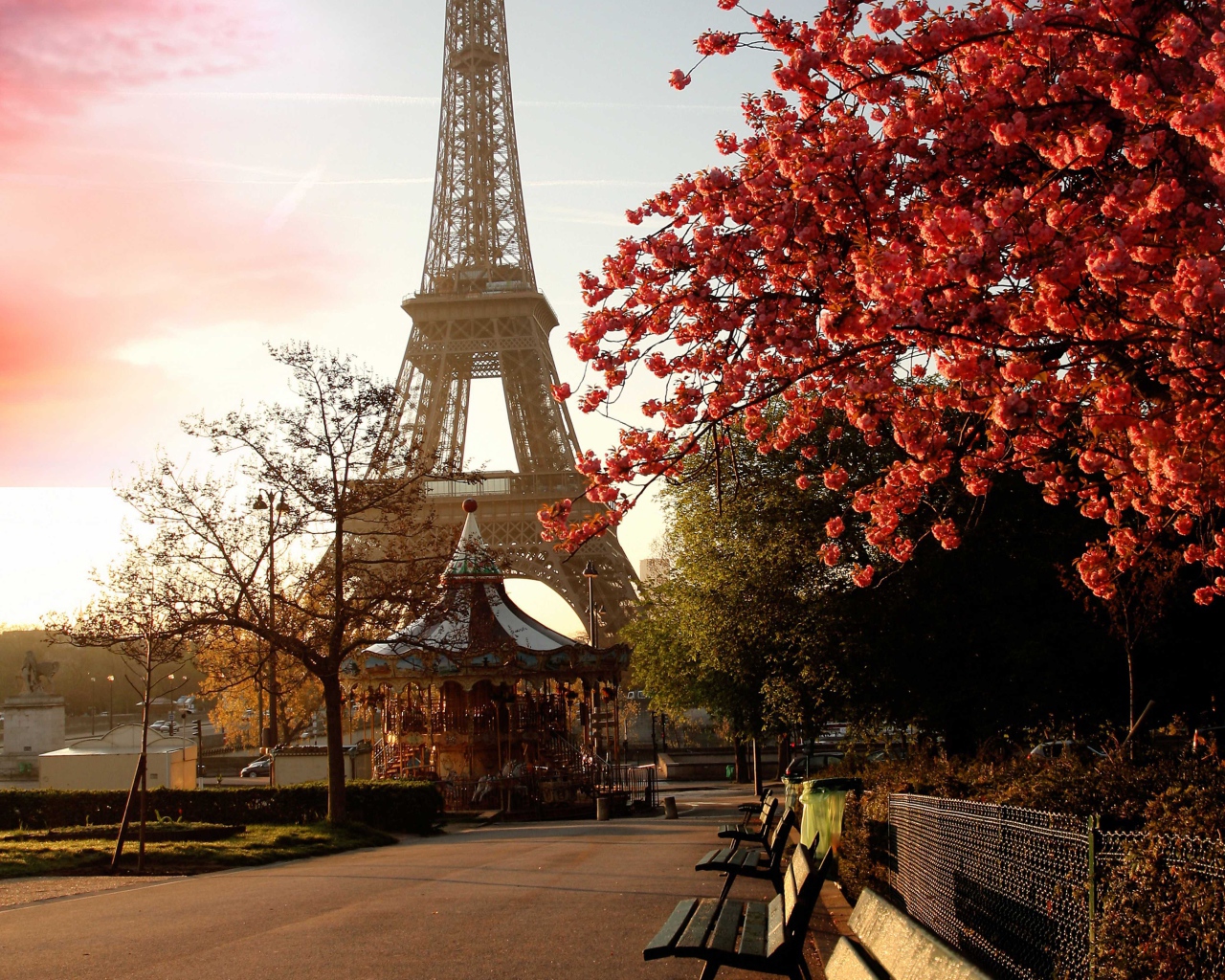 Beautiful park on a background of the Eiffel Tower