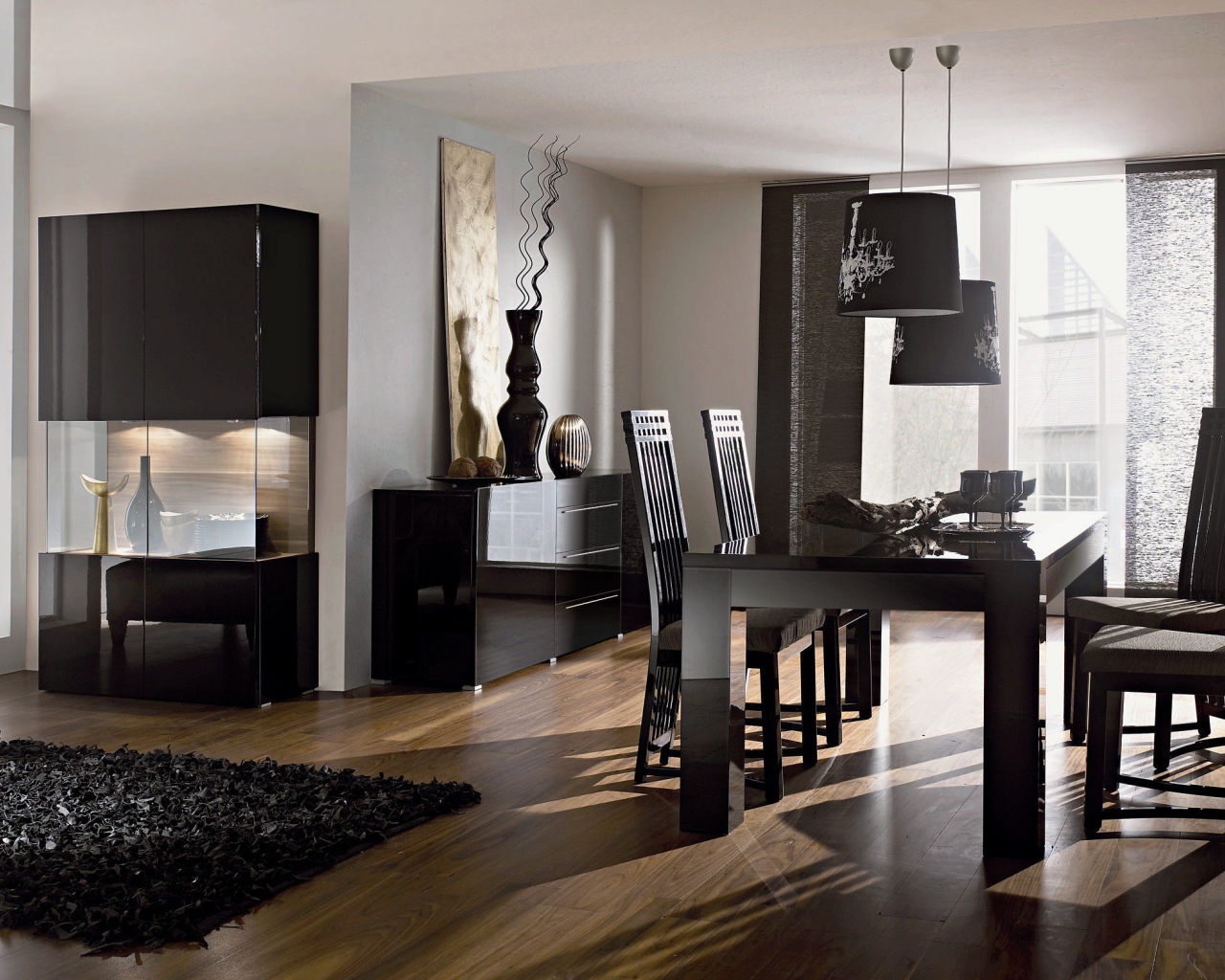 Черные тона в оформлении столовой