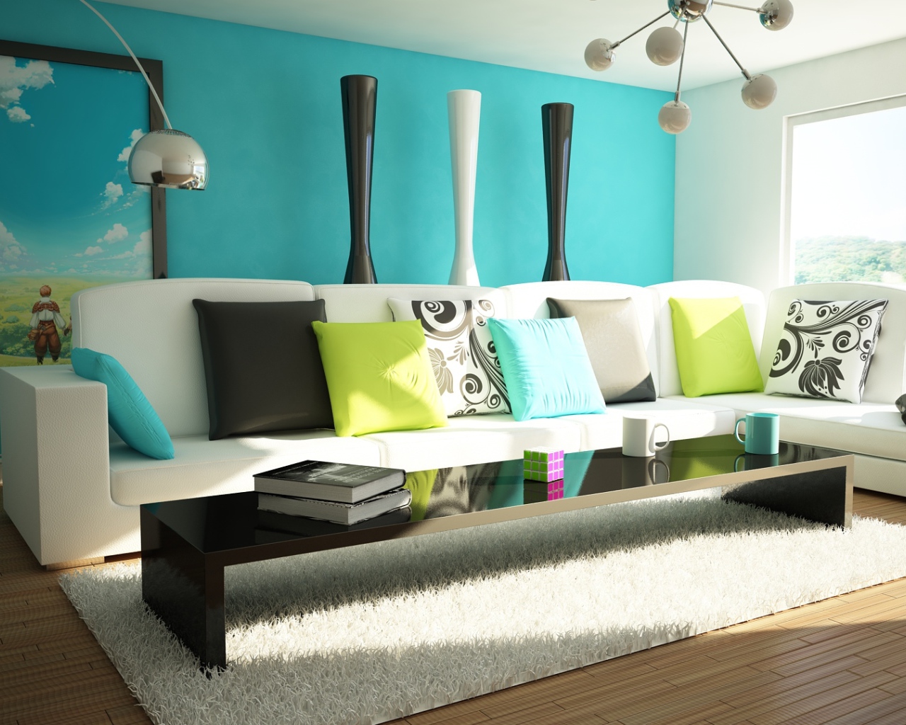 Голубая стена в гостиной