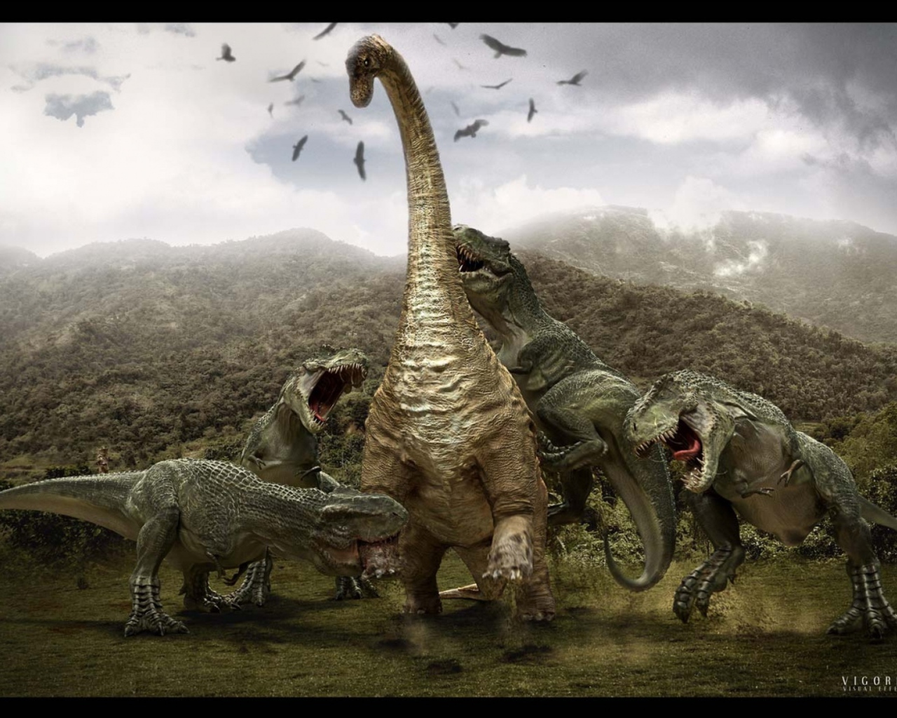 Тиранозавры атакуют бронтозавра