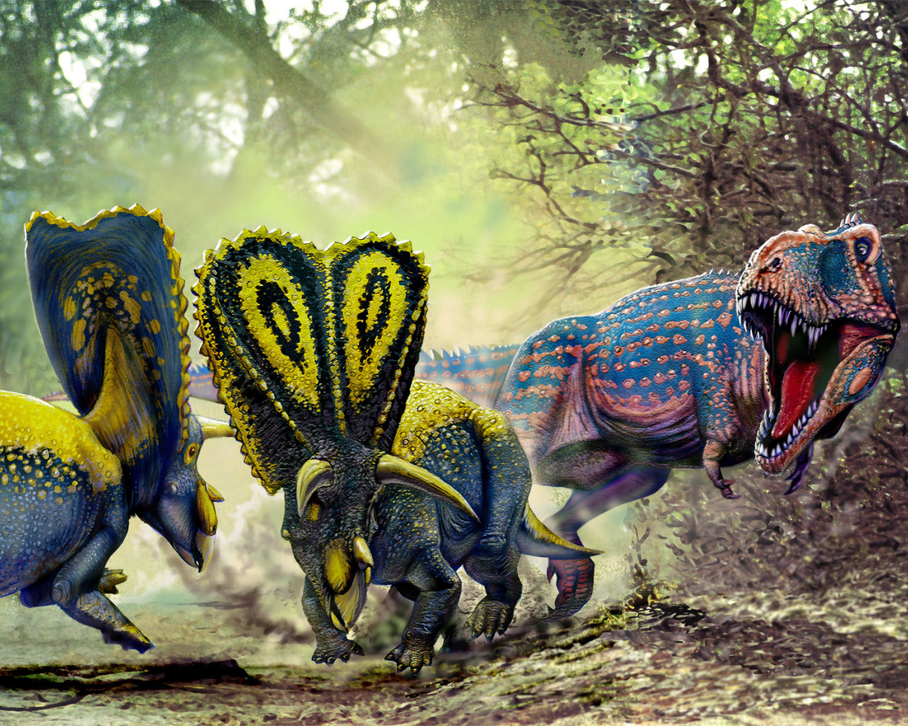 Красочные динозавры в бою