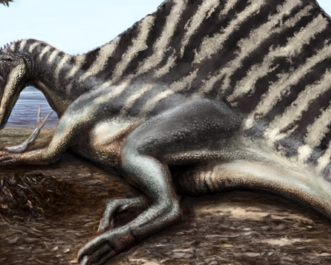 Обед динозавра на берегу реки