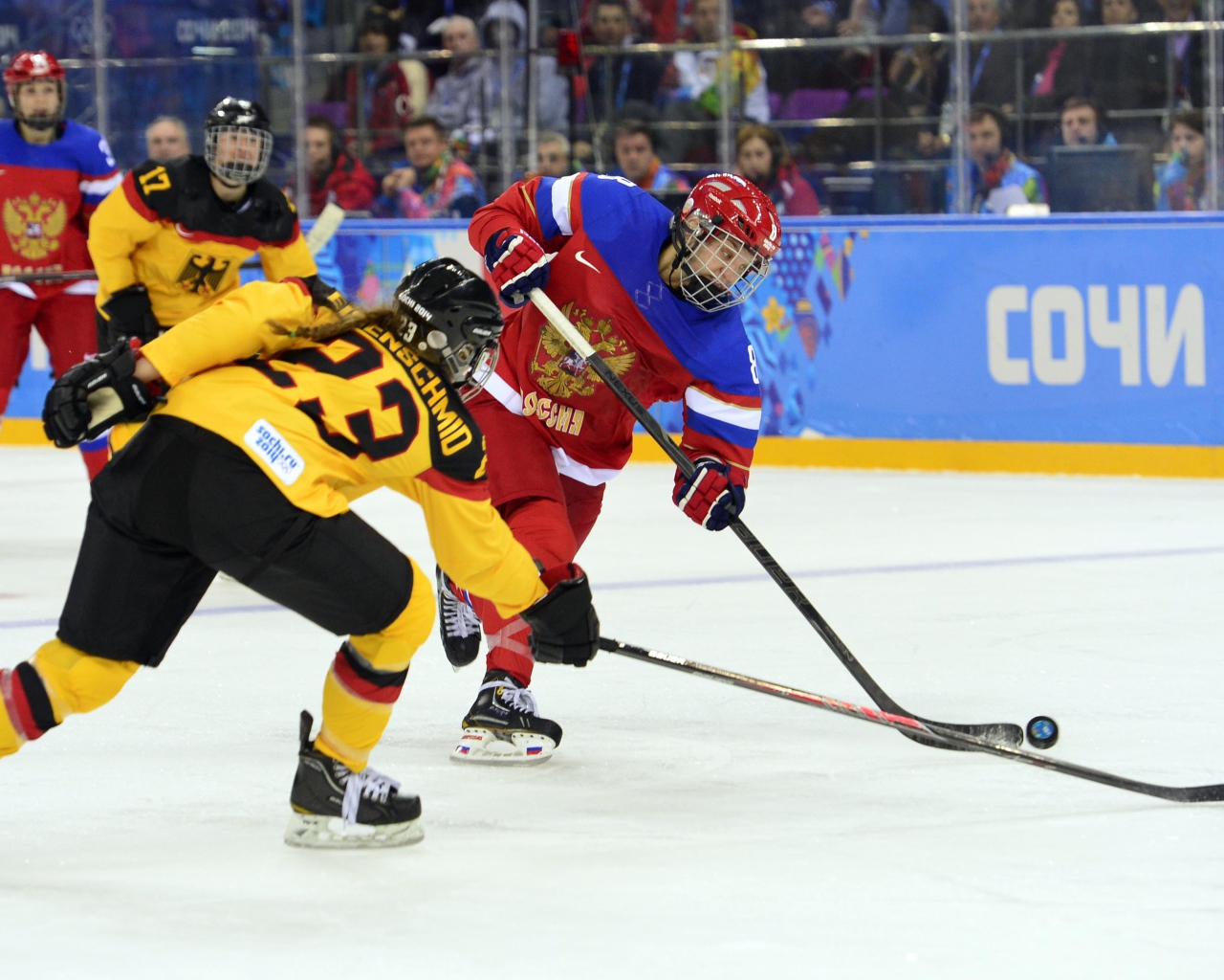 Fighting for the puck in ice hockey at the Olympic Games in Sochi