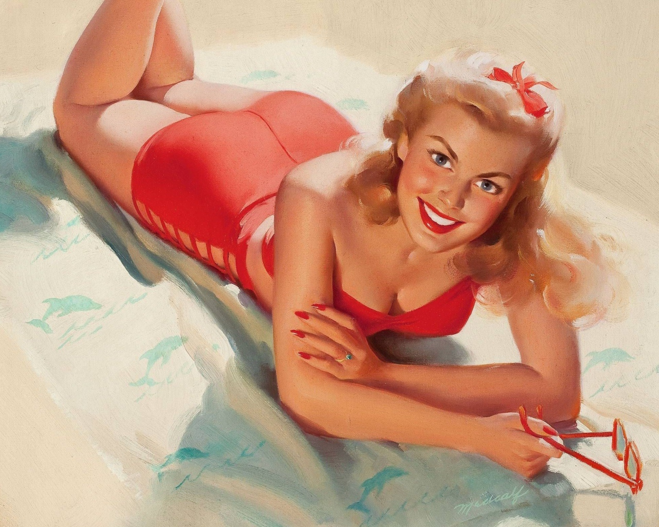 Девушка в красном купальнике, ретро