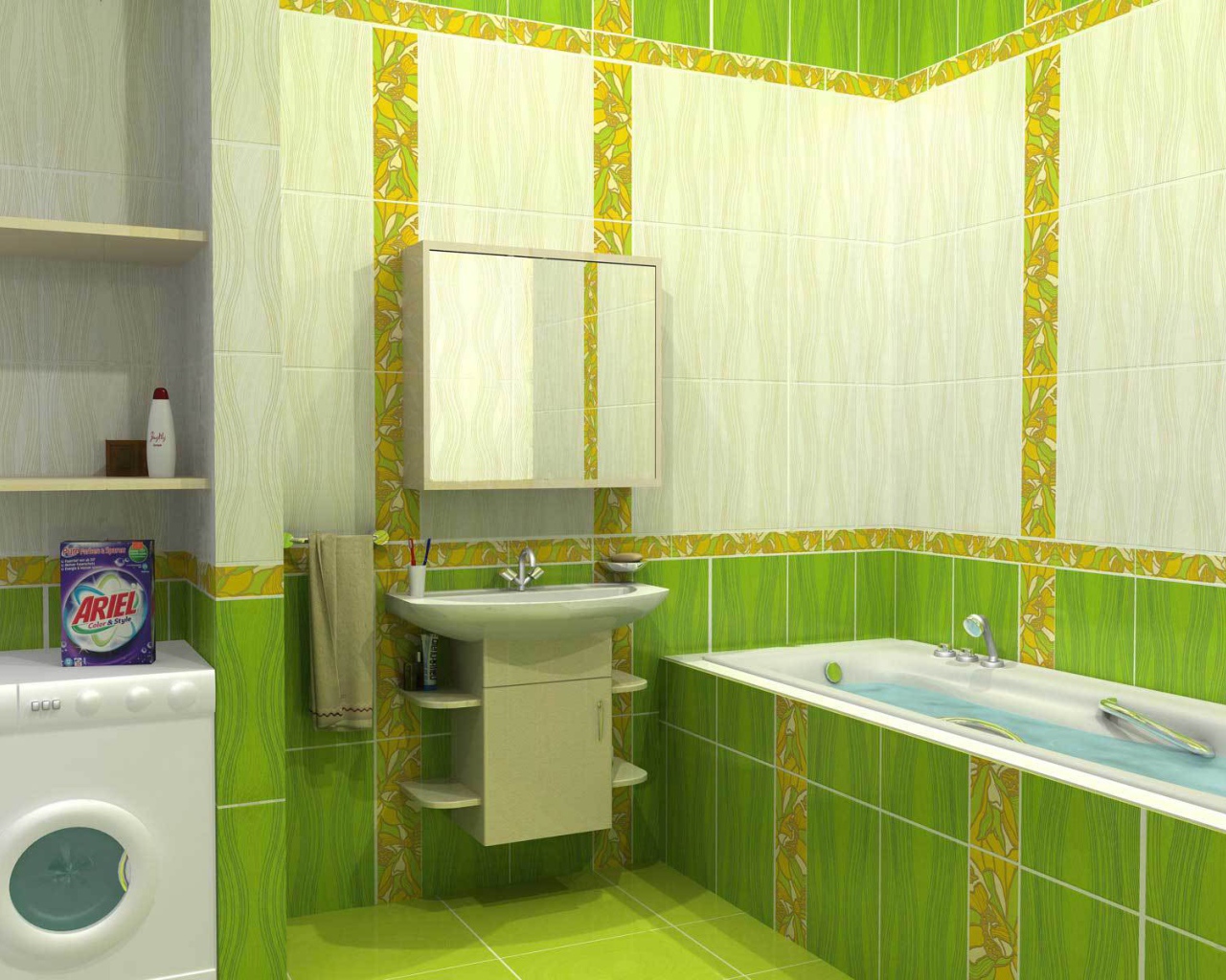 Зеленый и белый кафель в ванной