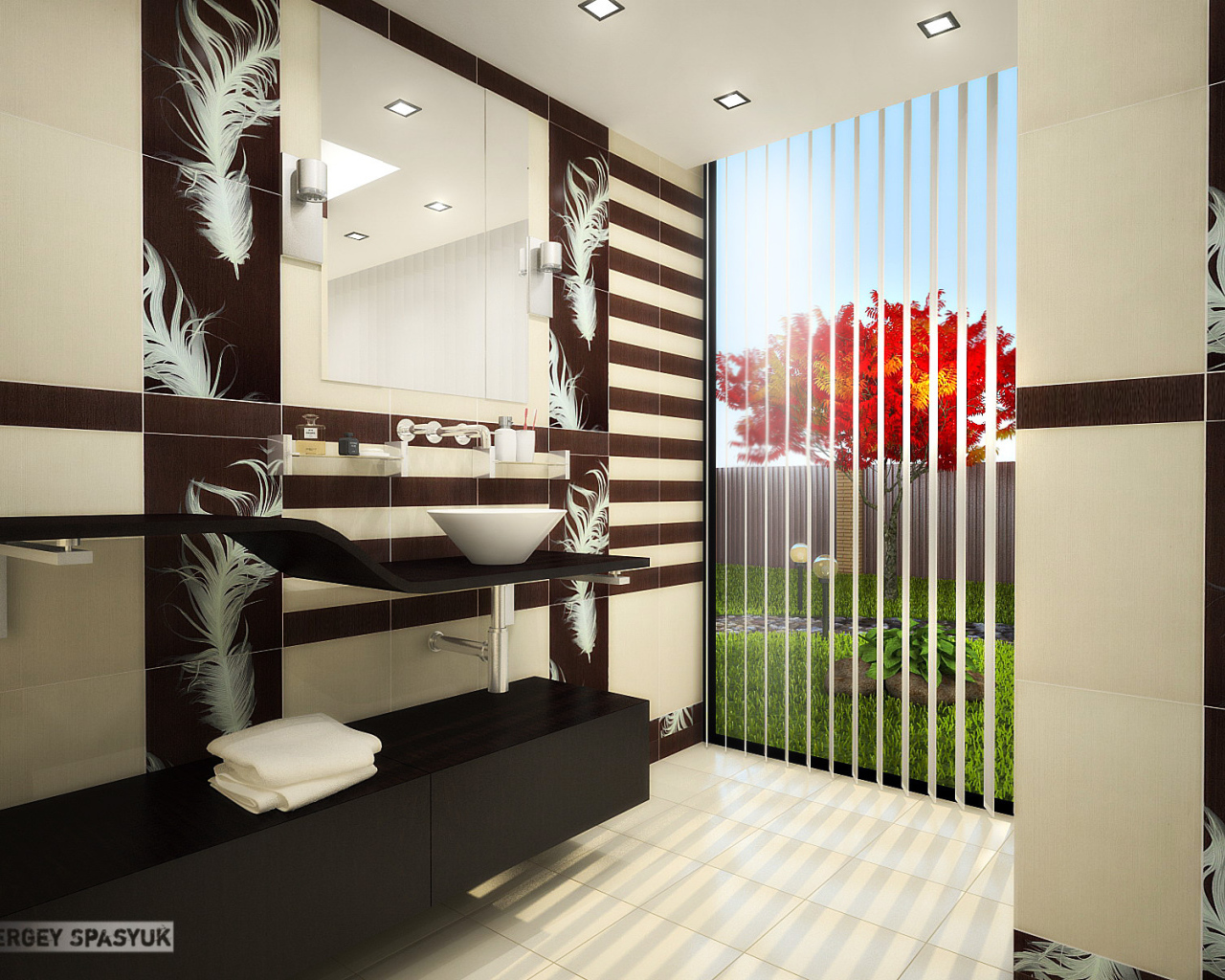 Красное дерево за окном ванной