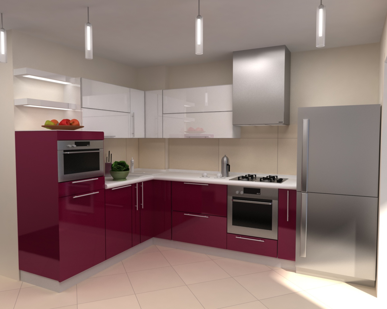 Аккуратная бордовая кухня