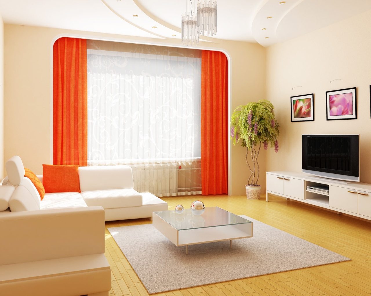 Оранжевые шторы в гостиной