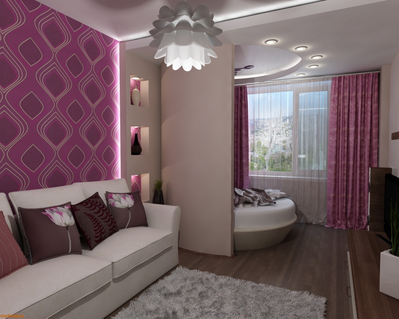 Фиолетовый орнамент на стене гостиной