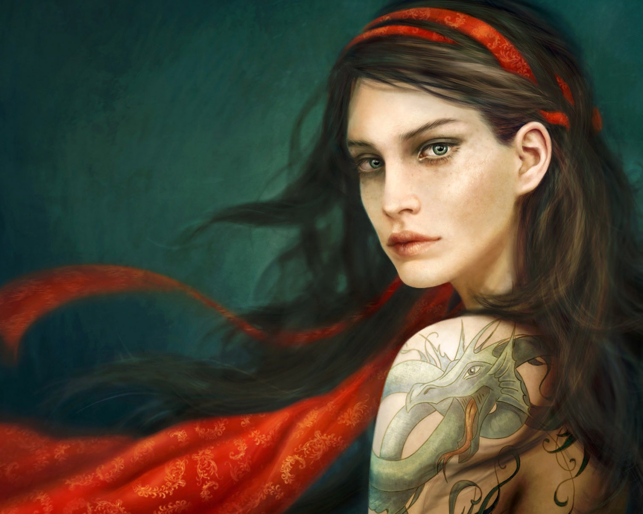 Грустная девушка с тату дракона на плече