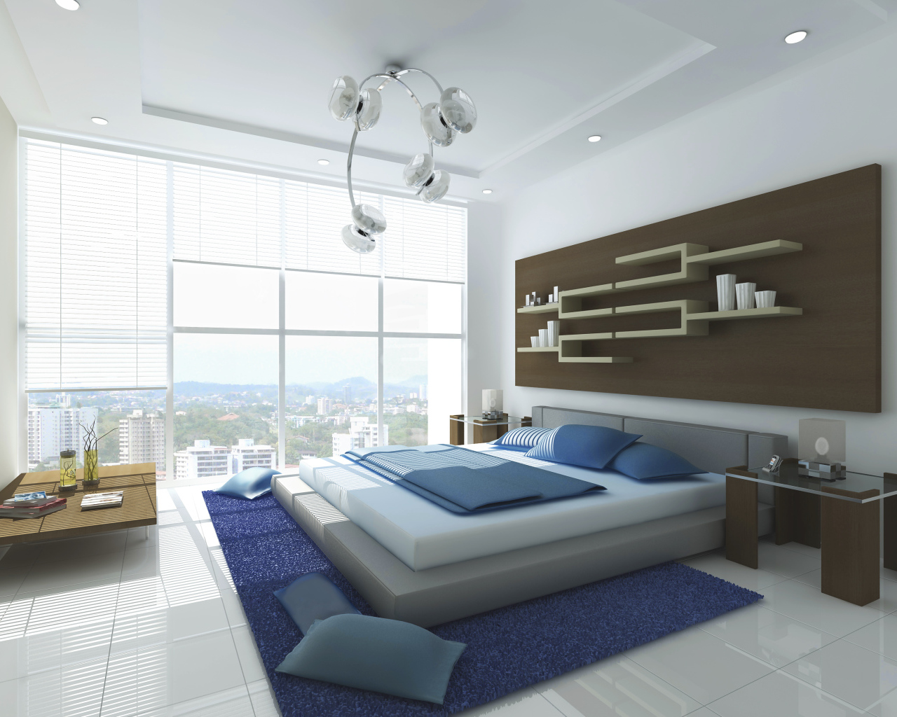 Полки на стене в спальне