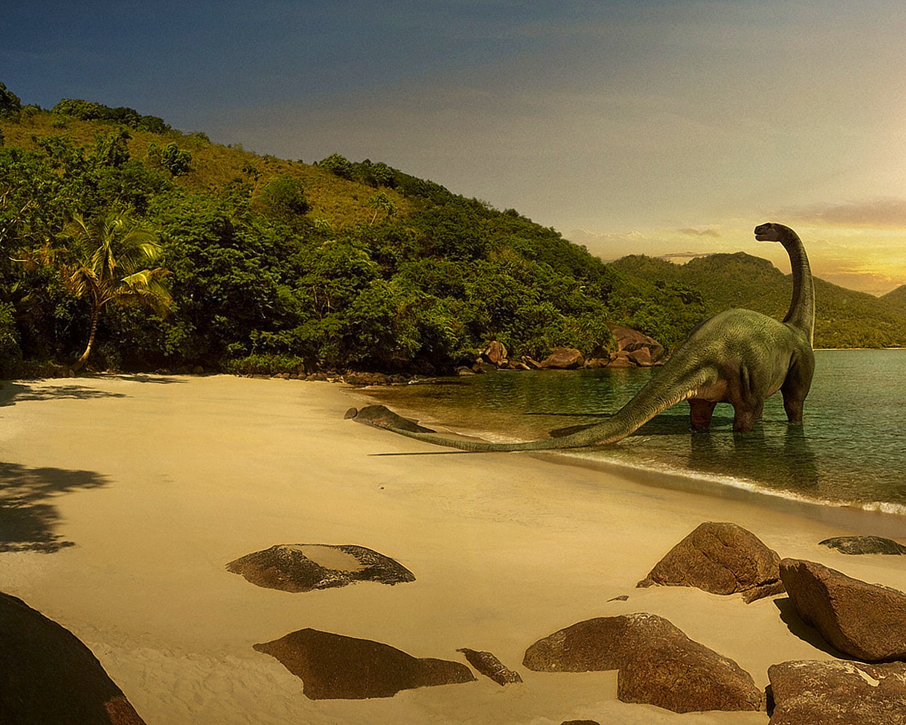 Динозавр стоит в воде