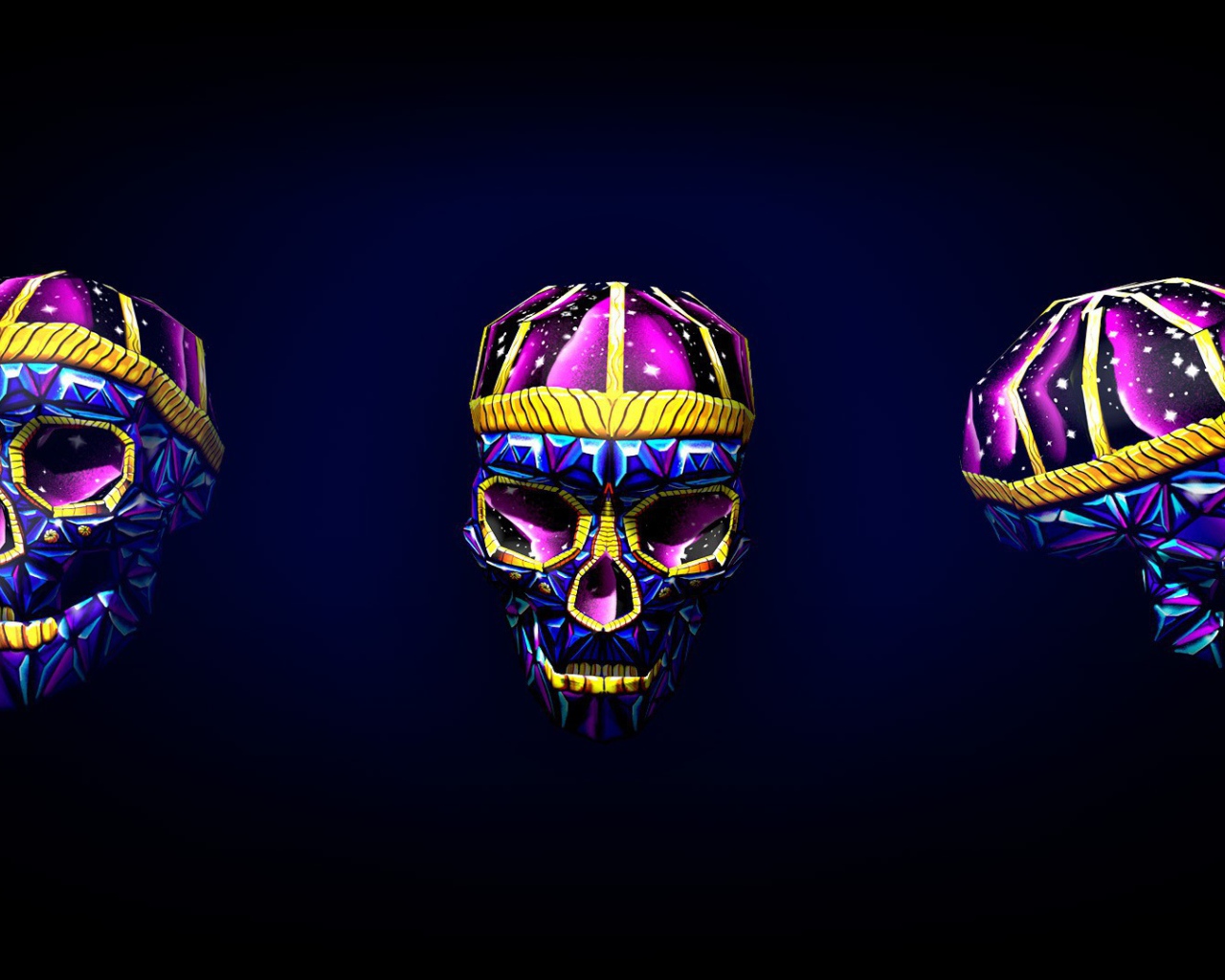 Яркие черепа на черном фоне, 3-Д графика