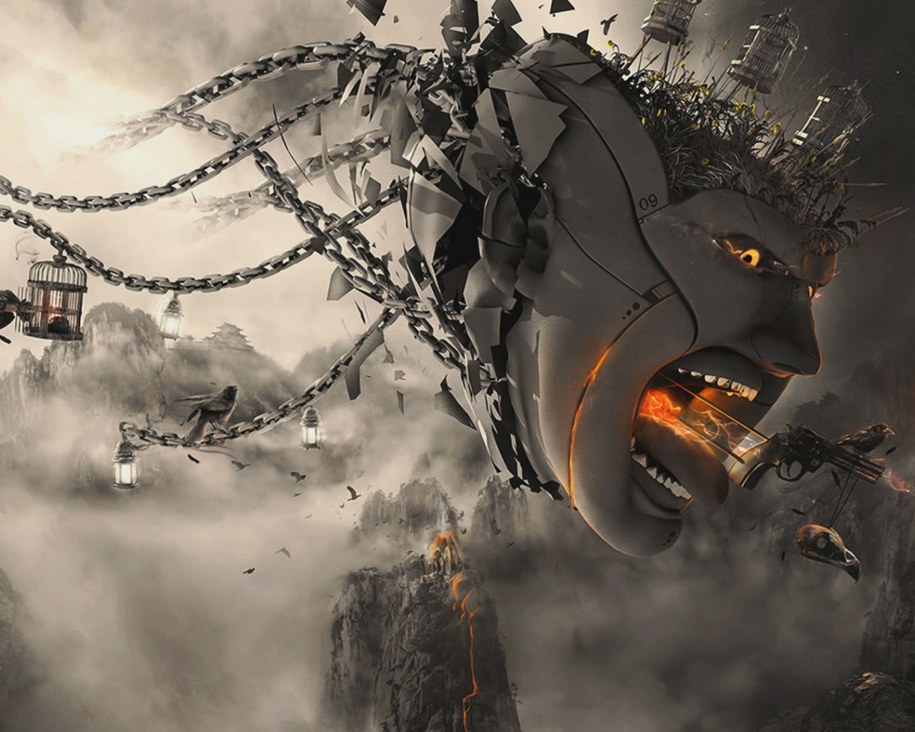 Летающая голова с цепями, 3-Д графика