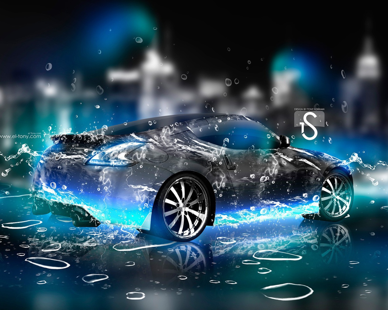 Ниссан в цифровых каплях воды