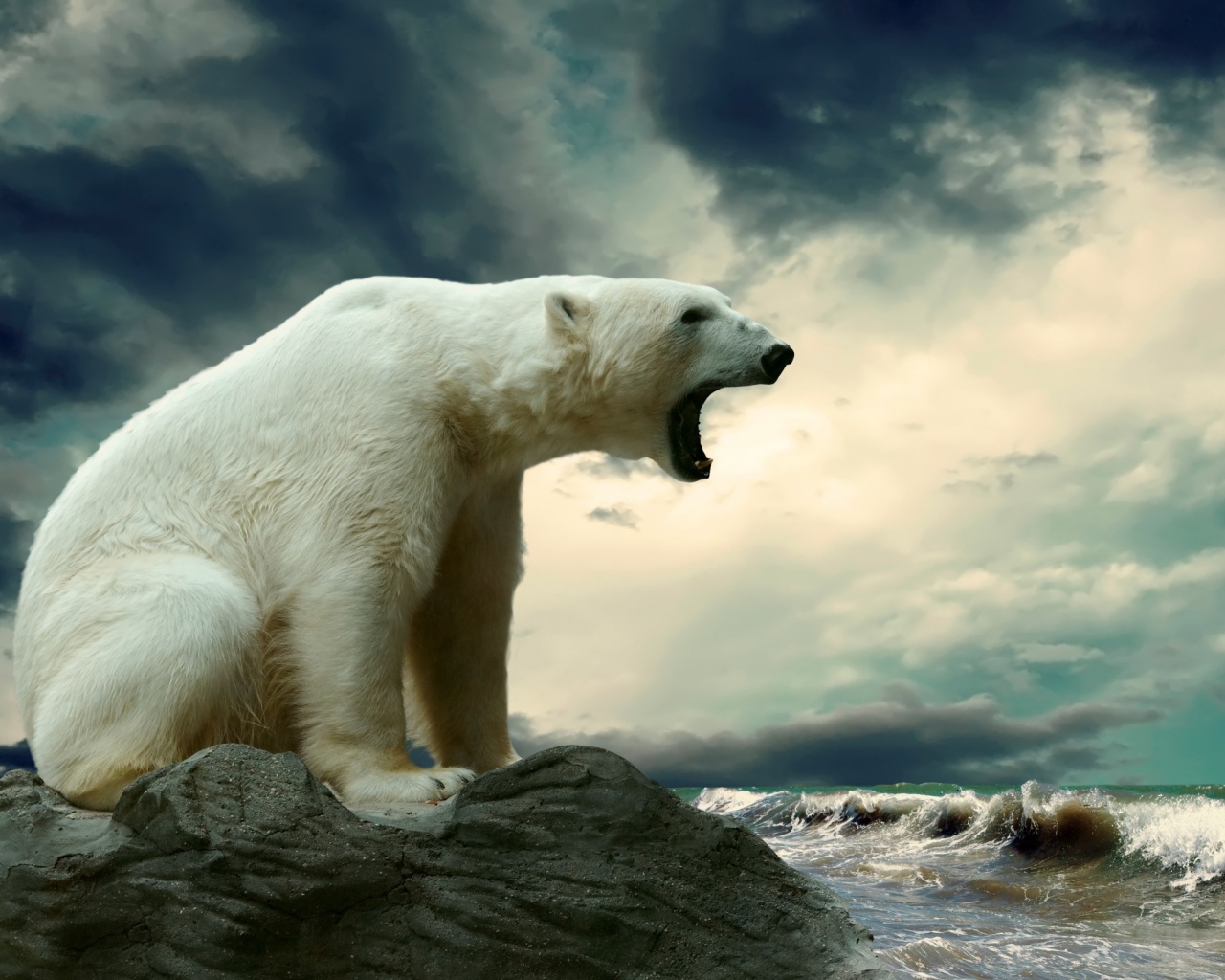 Белый медведь широко открыл пасть