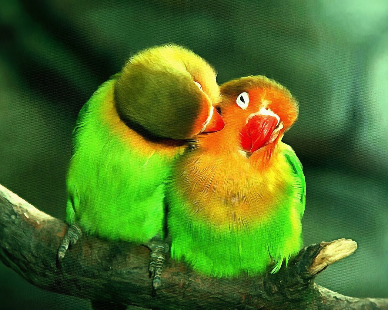 A pair of green parrots