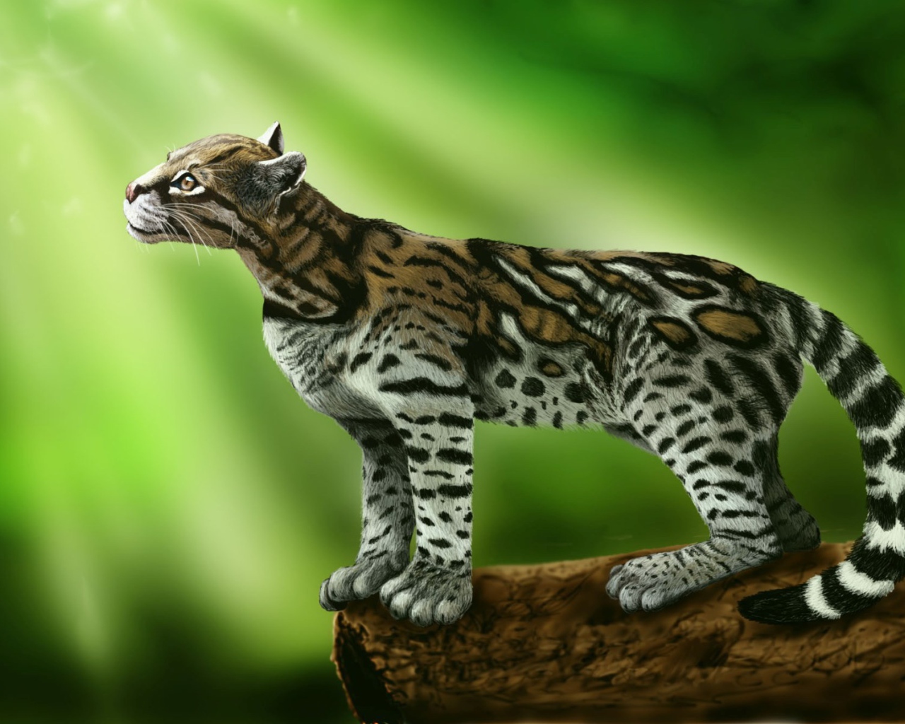 Кот оцелот на зеленом фоне