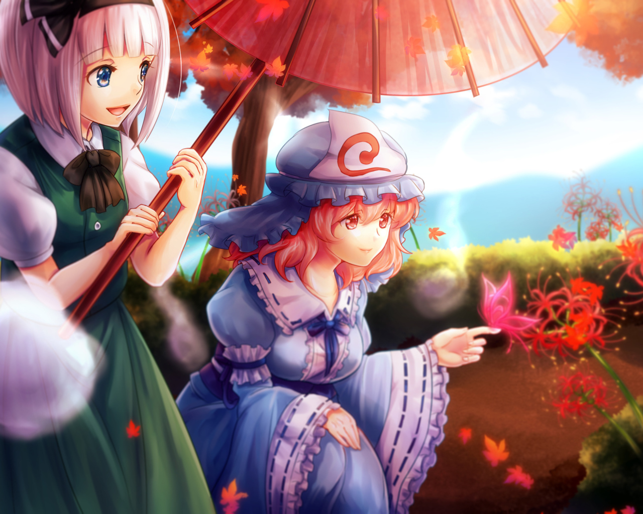 Пара девушек под зонтом в аниме Saigyouji Yuyuko