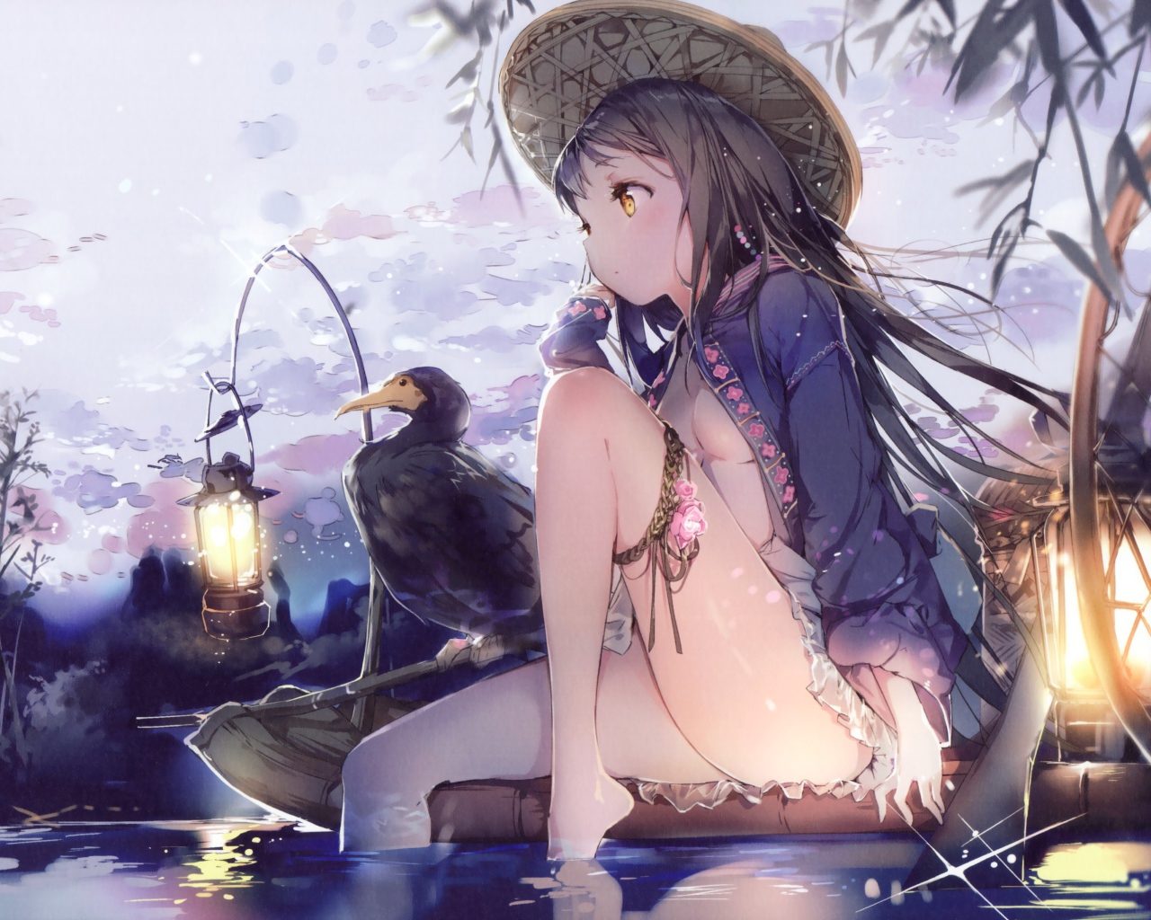 Девушка аниме и утка сидят на лодке