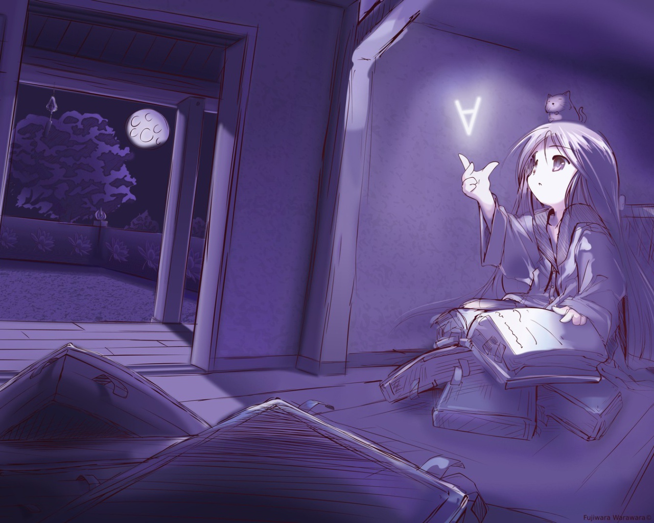 Девочка аниме ловит букву из книги