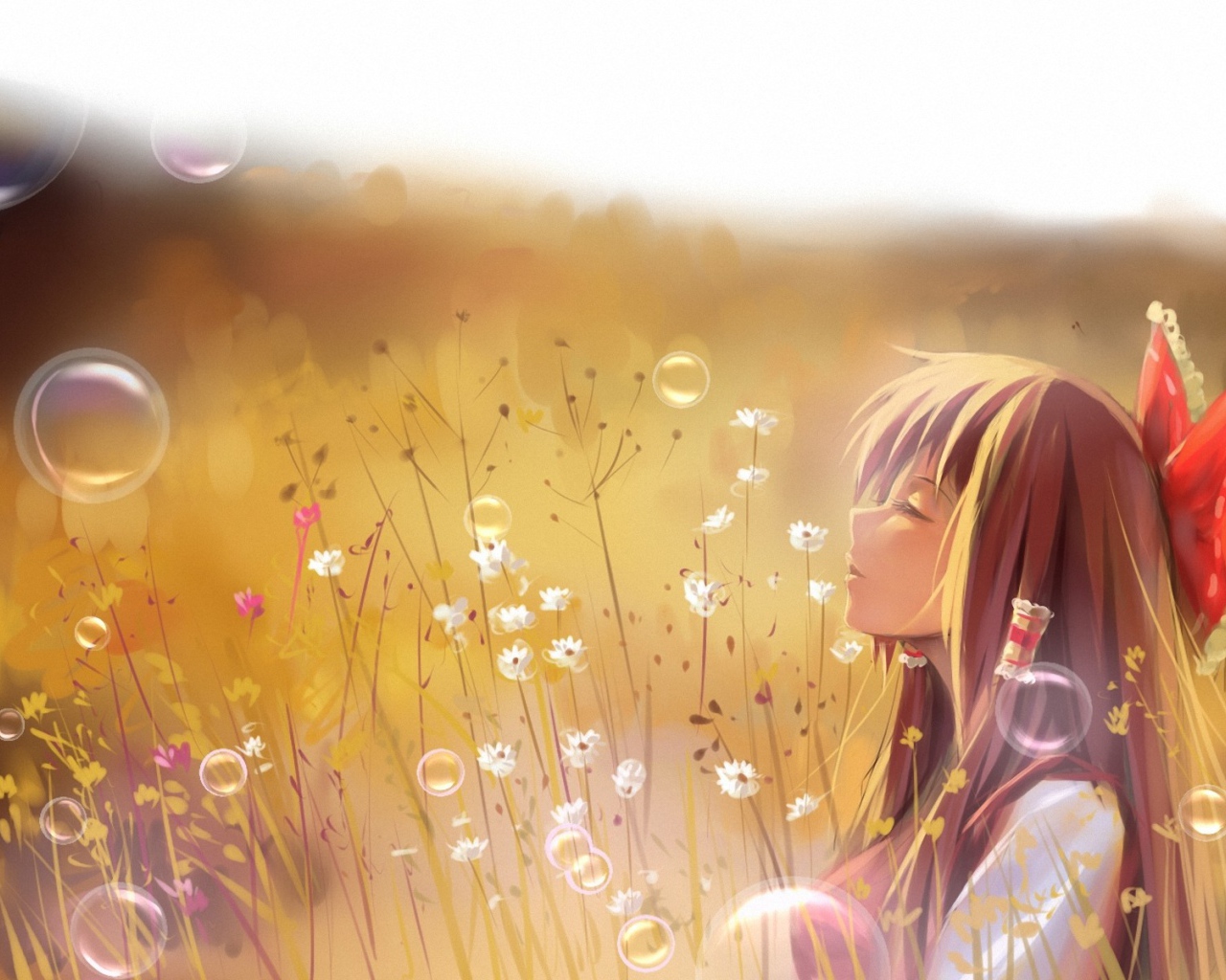 Девушка аниме на природе среди мыльных пузырей