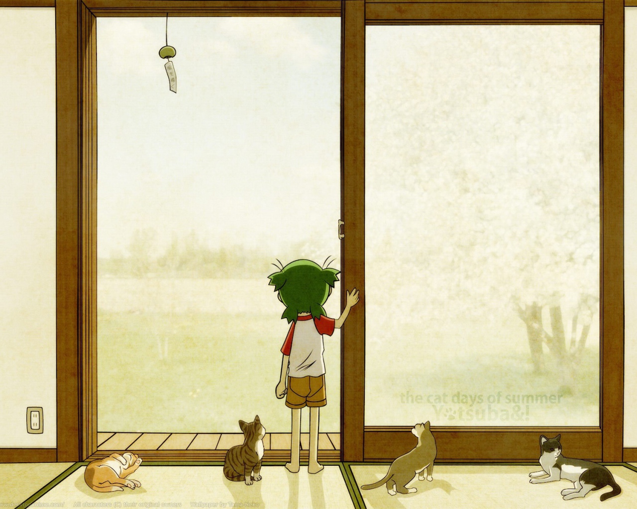 Девочка аниме с котами смотрит в окно