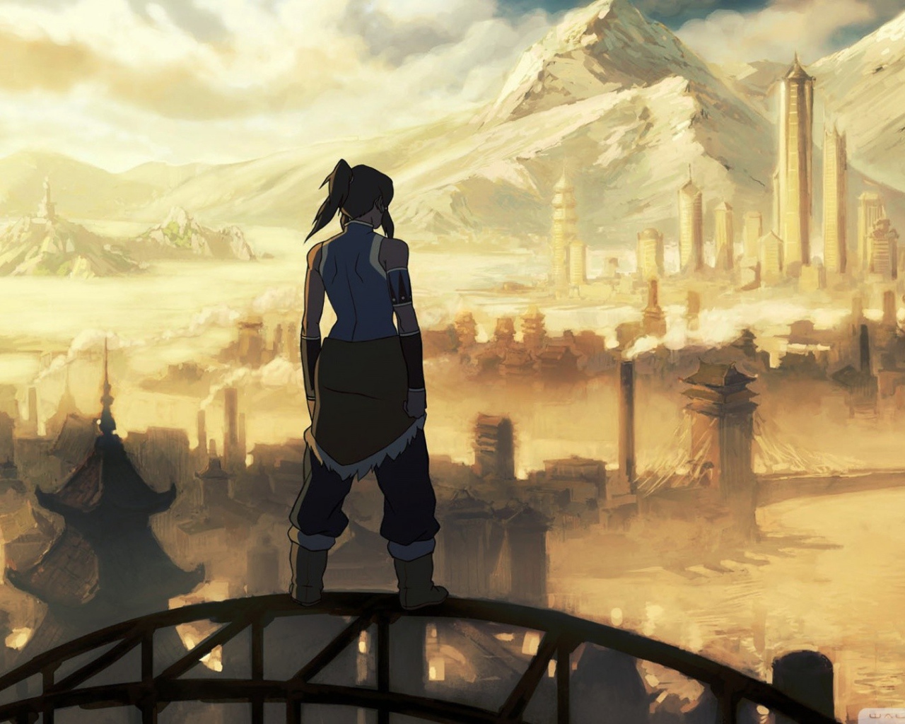 Персонаж аниме Легенда о Корре смотрит на горы