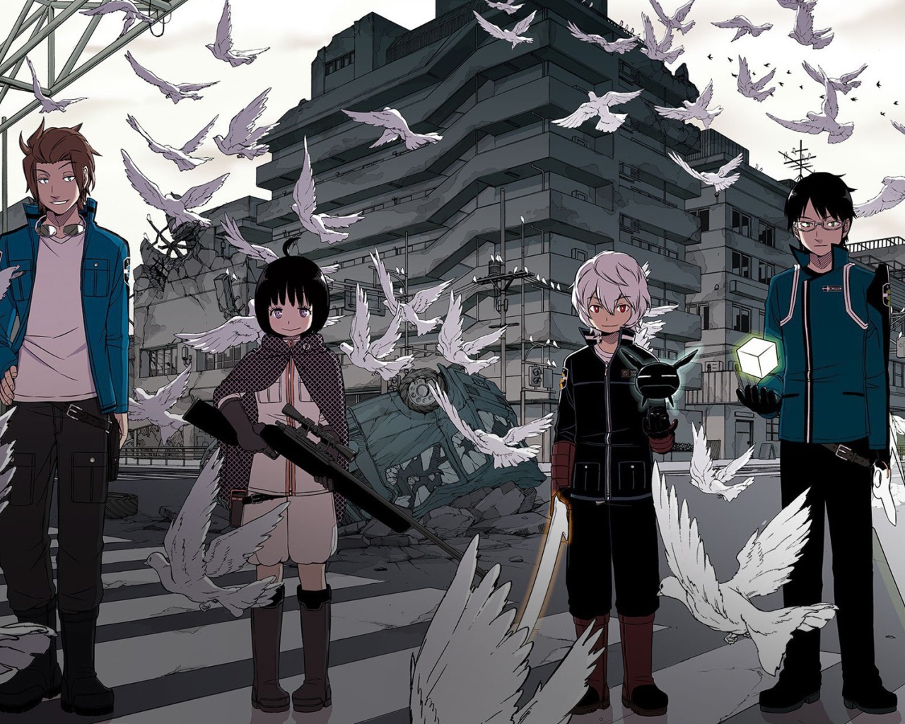 Аниме персонажи с оружием среди голубей