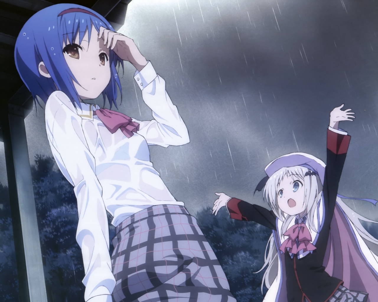 Аниме девушки Маленькие проказники под дождем