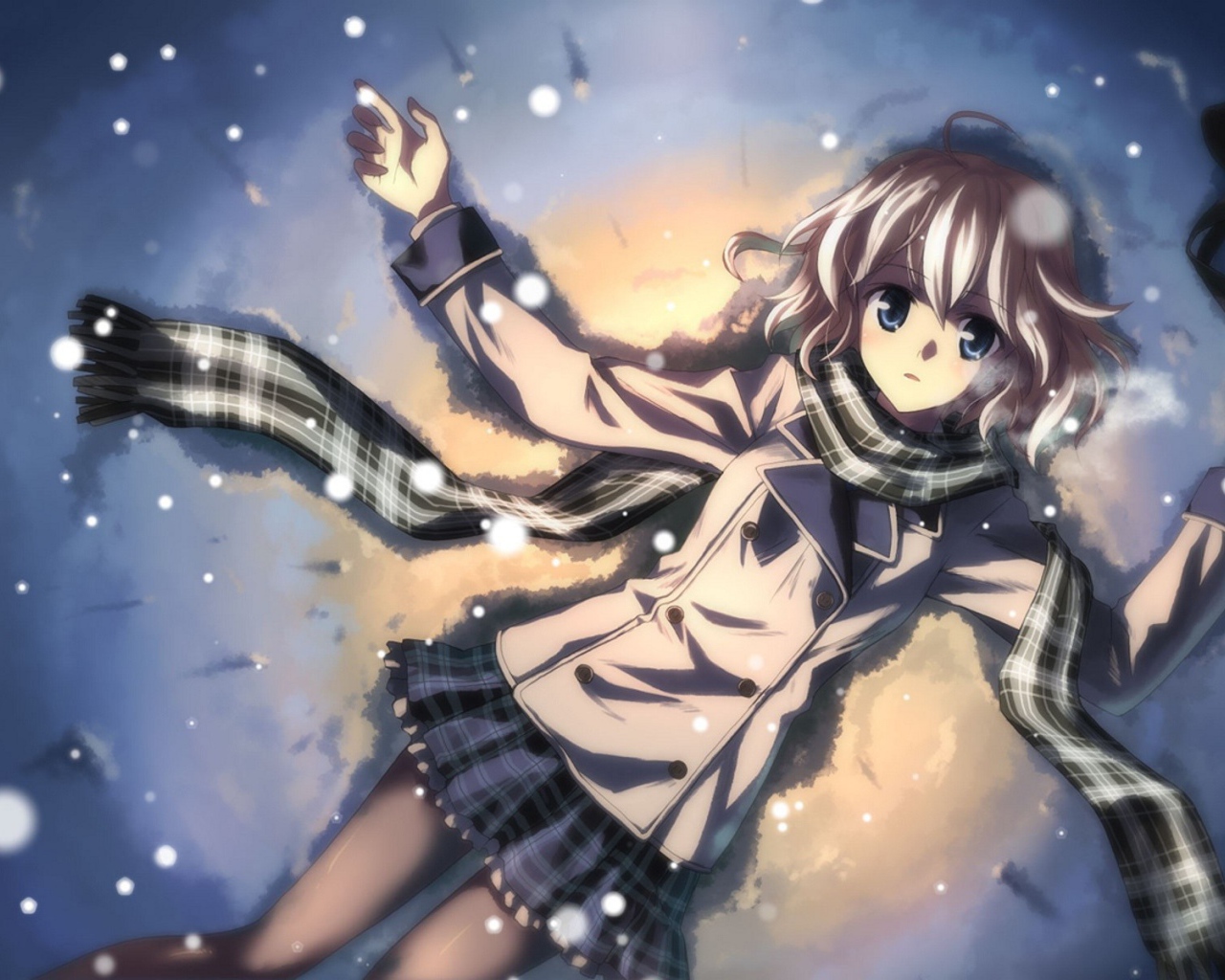 Аниме девушка Тацуя Юкки лежит на снегу