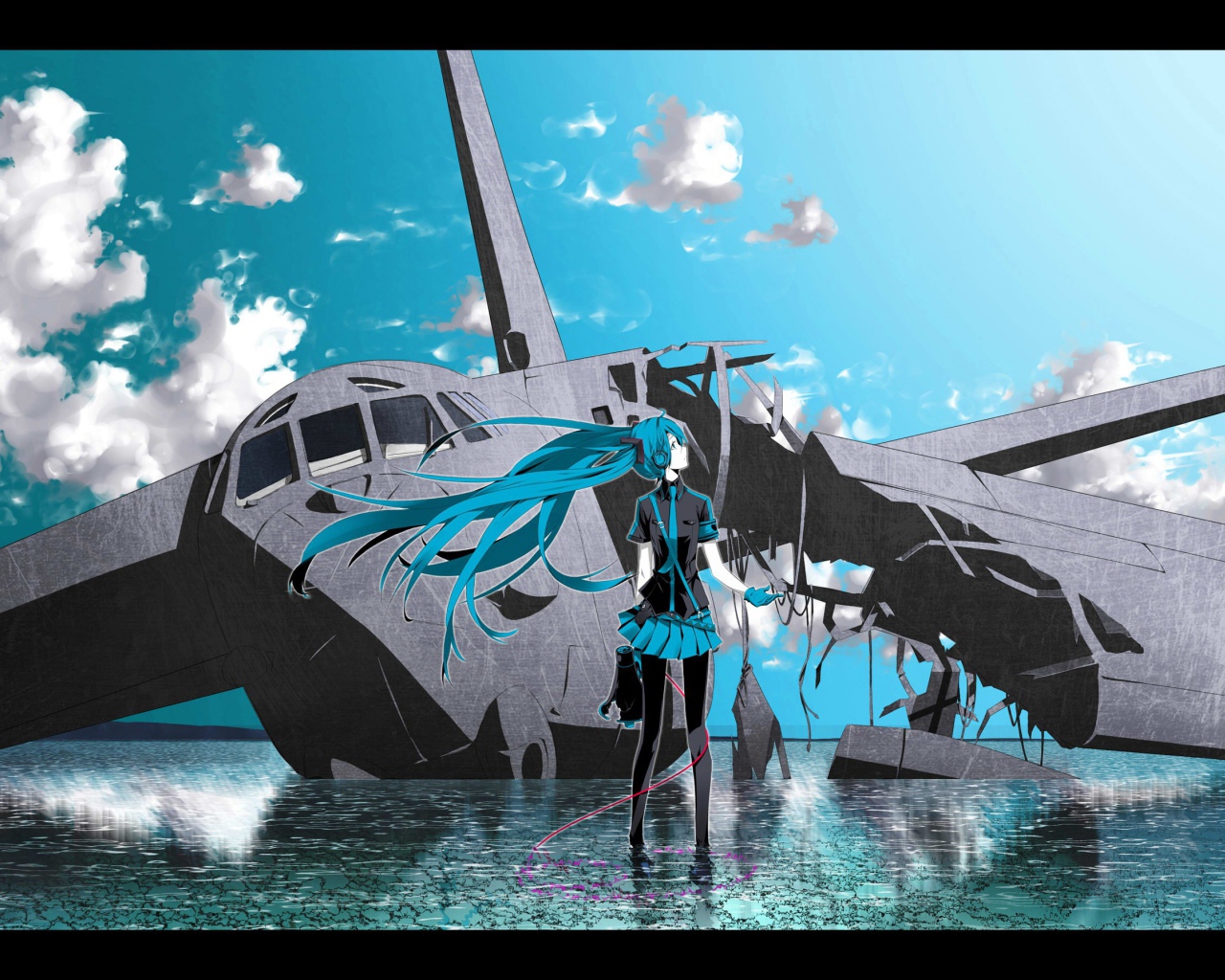 Аниме девушка у рухнувшего самолета