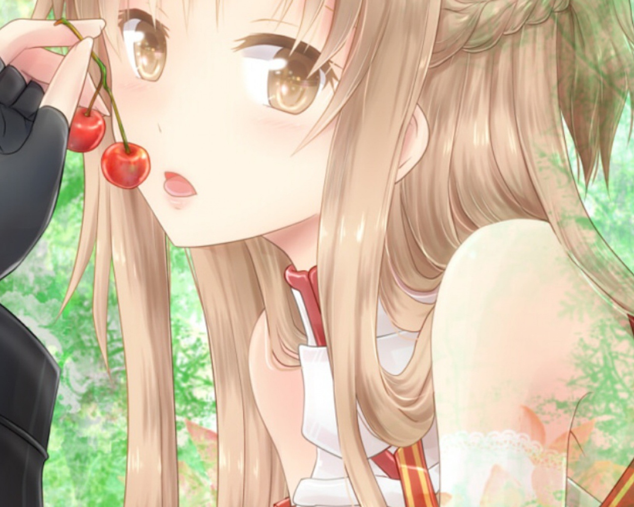 Аниме девушка Yuuki Asuna кушает вишни