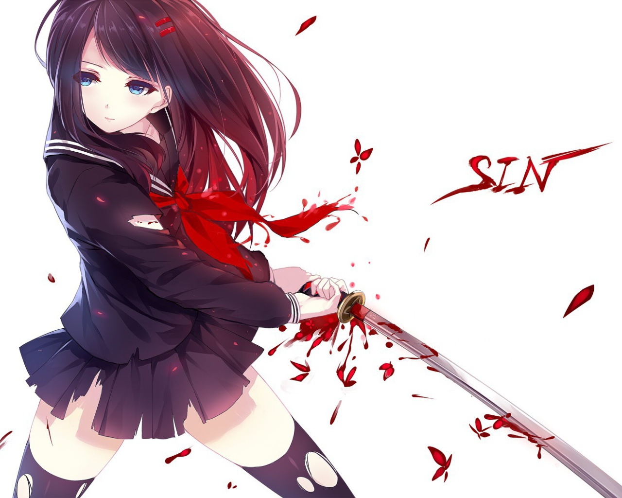 Девушка аниме держит катану с каплями крови