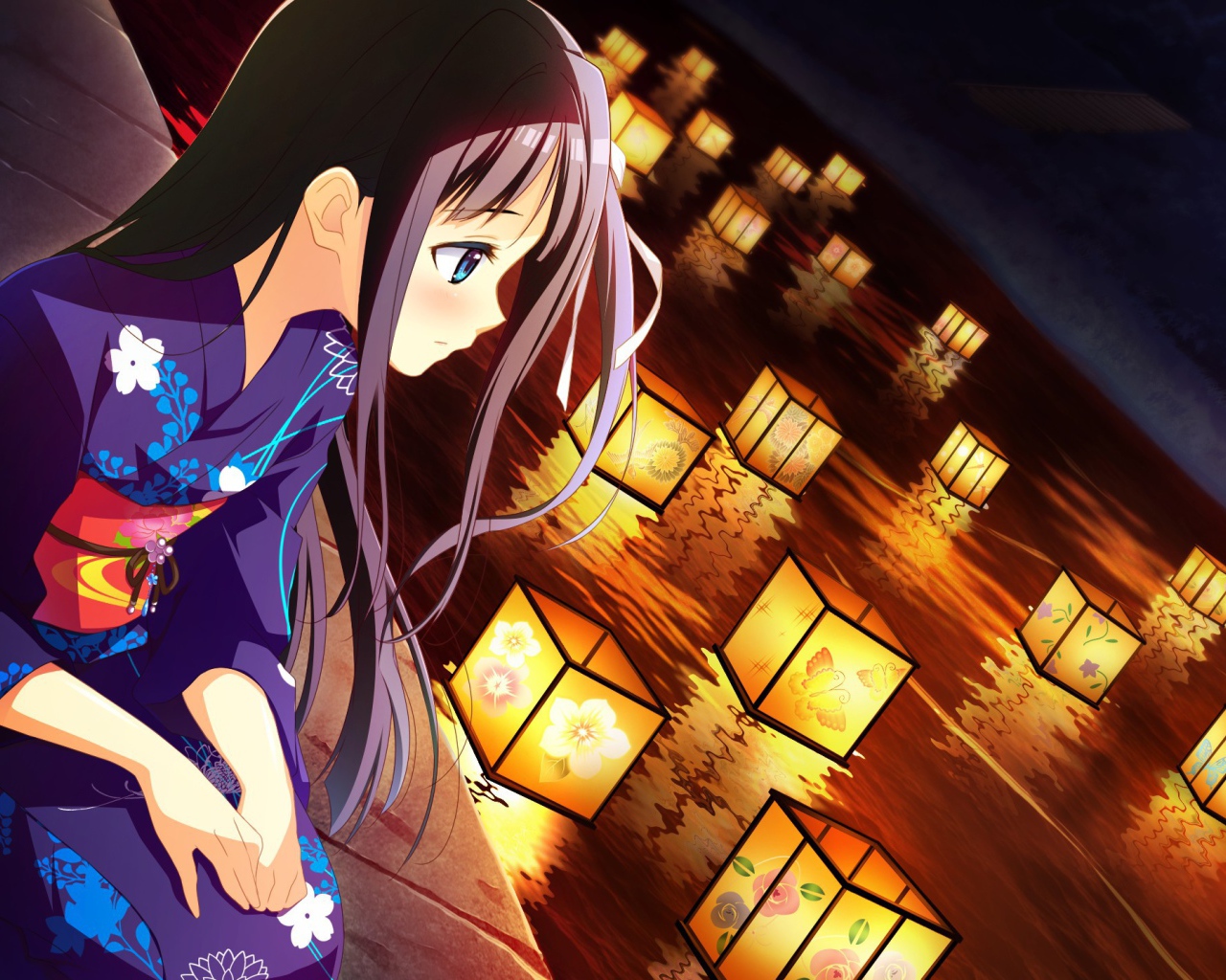 Аниме девушка в кимоно смотрит на фонарики