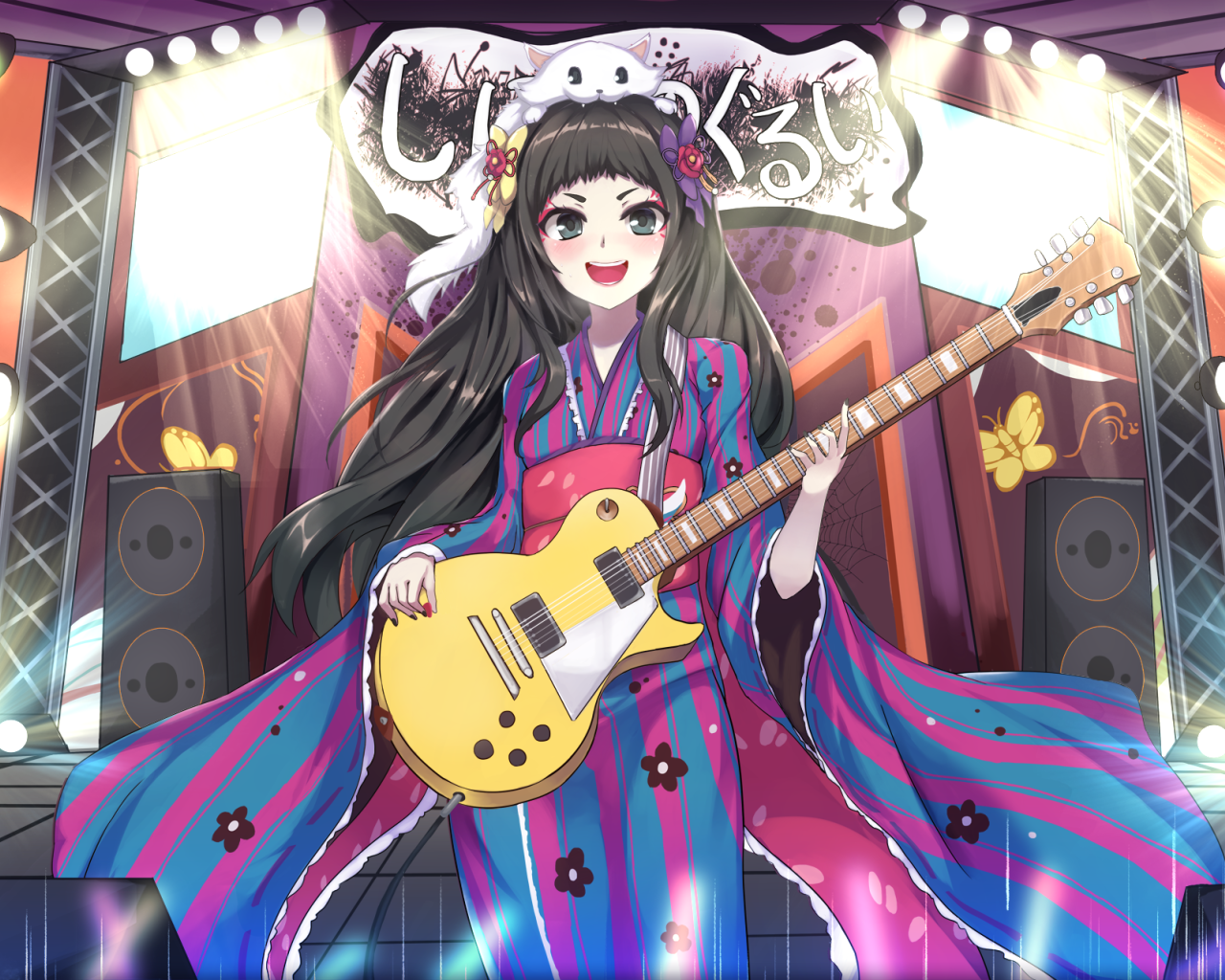 Девушка аниме в кимоно с гитарой