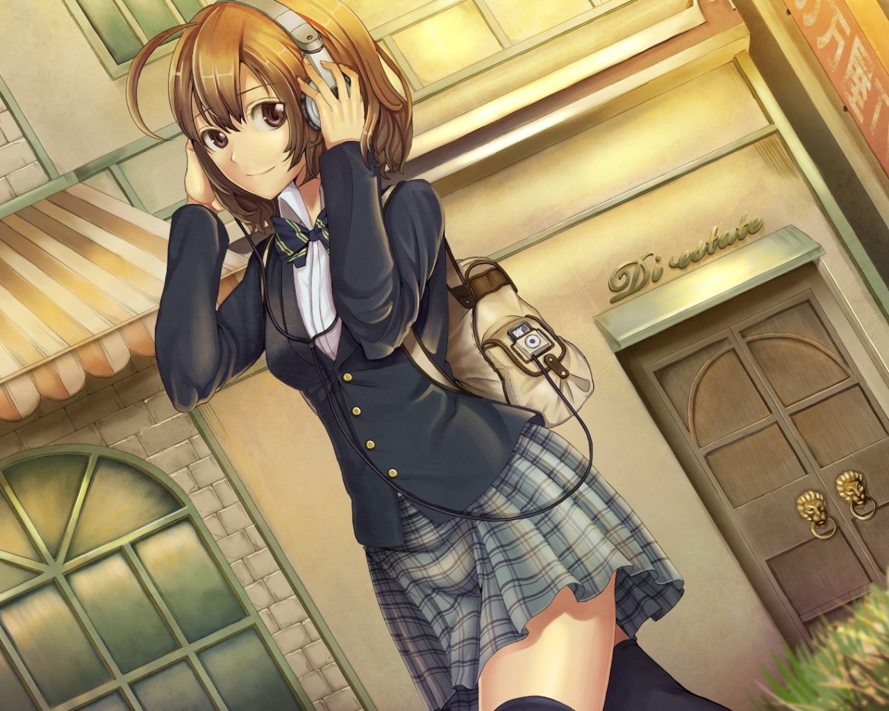 Аниме девушка в наушниках с рюкзаком