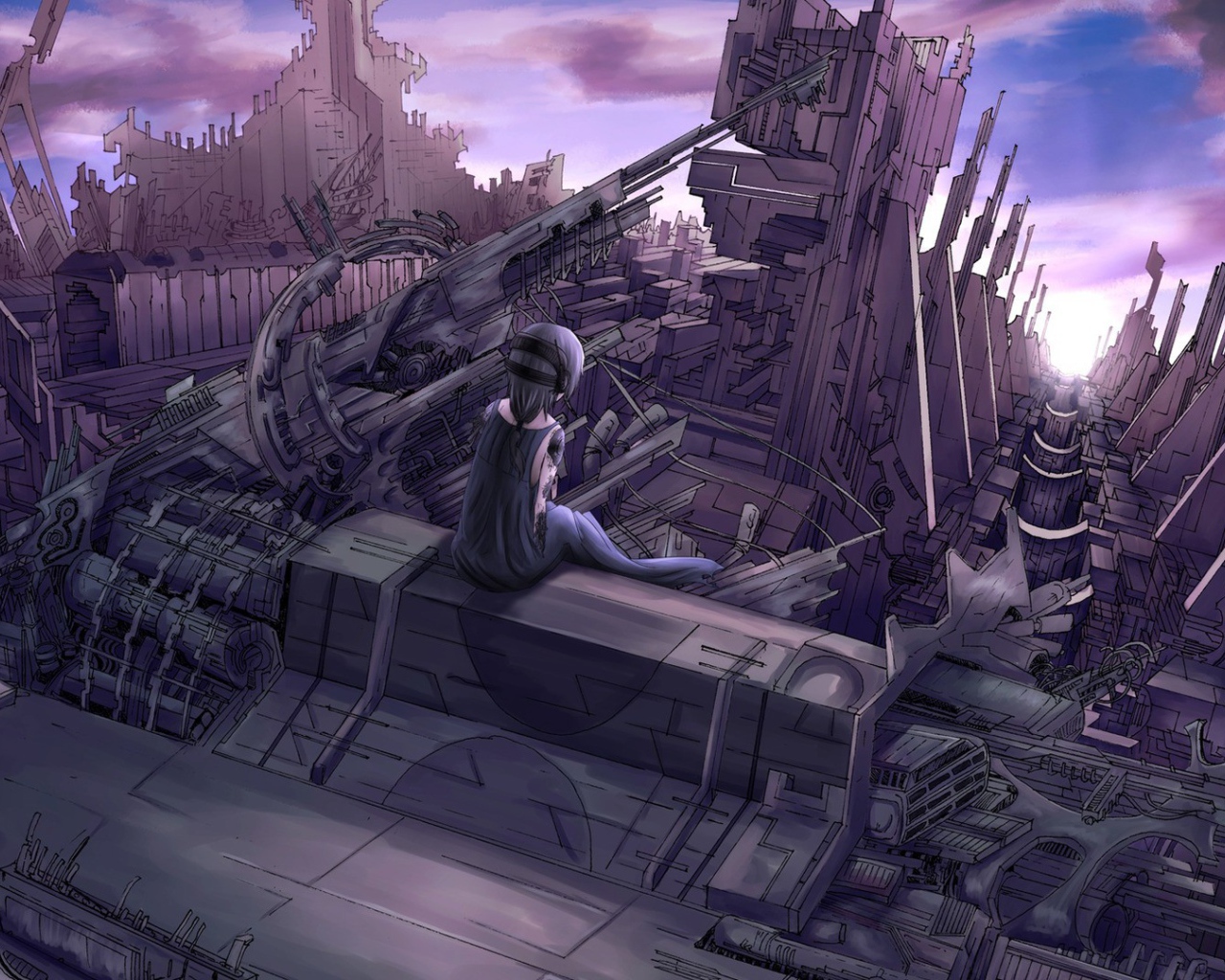 Девушка аниме смотрит на руины города