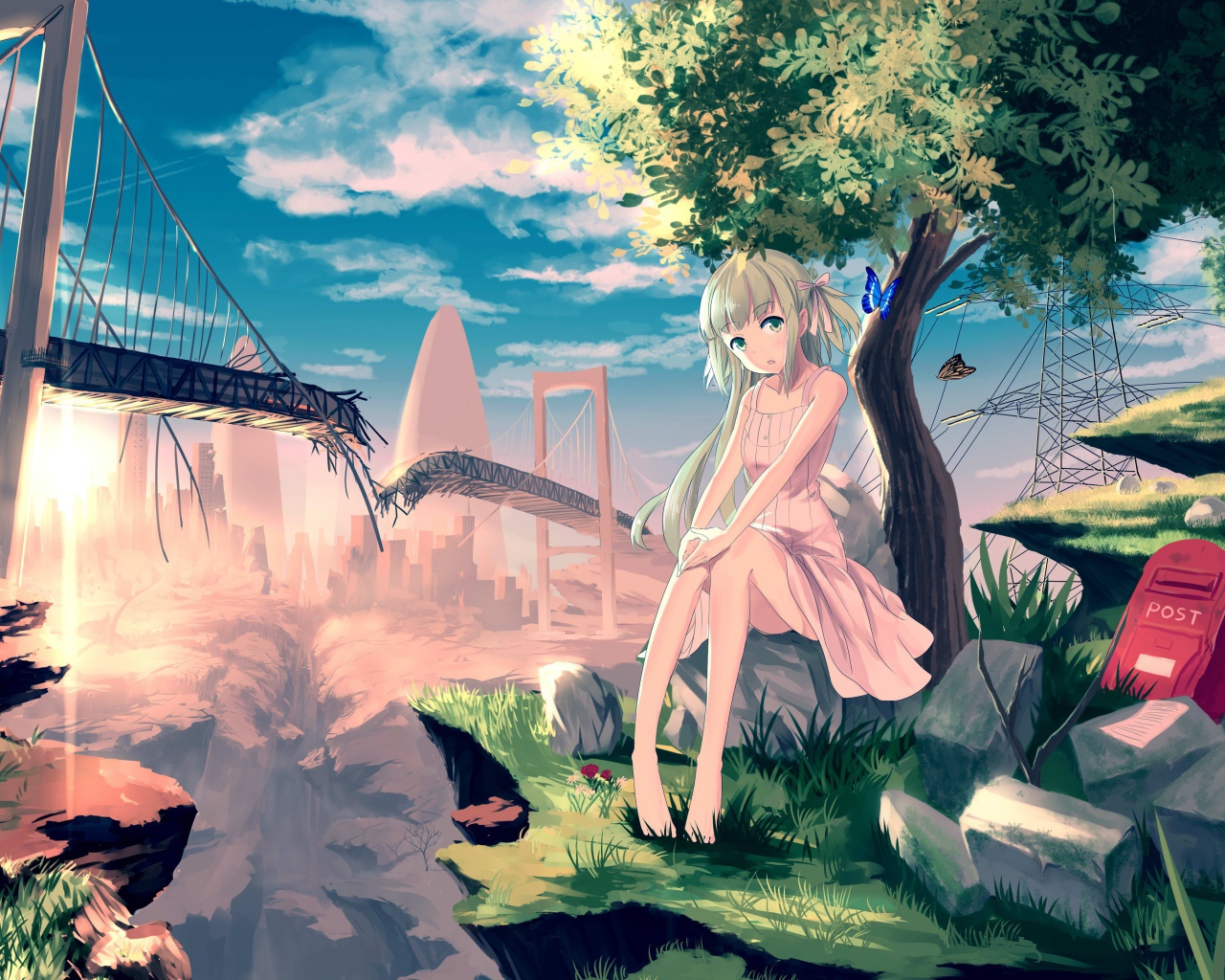 Аниме девушка на фоне разрушенного моста