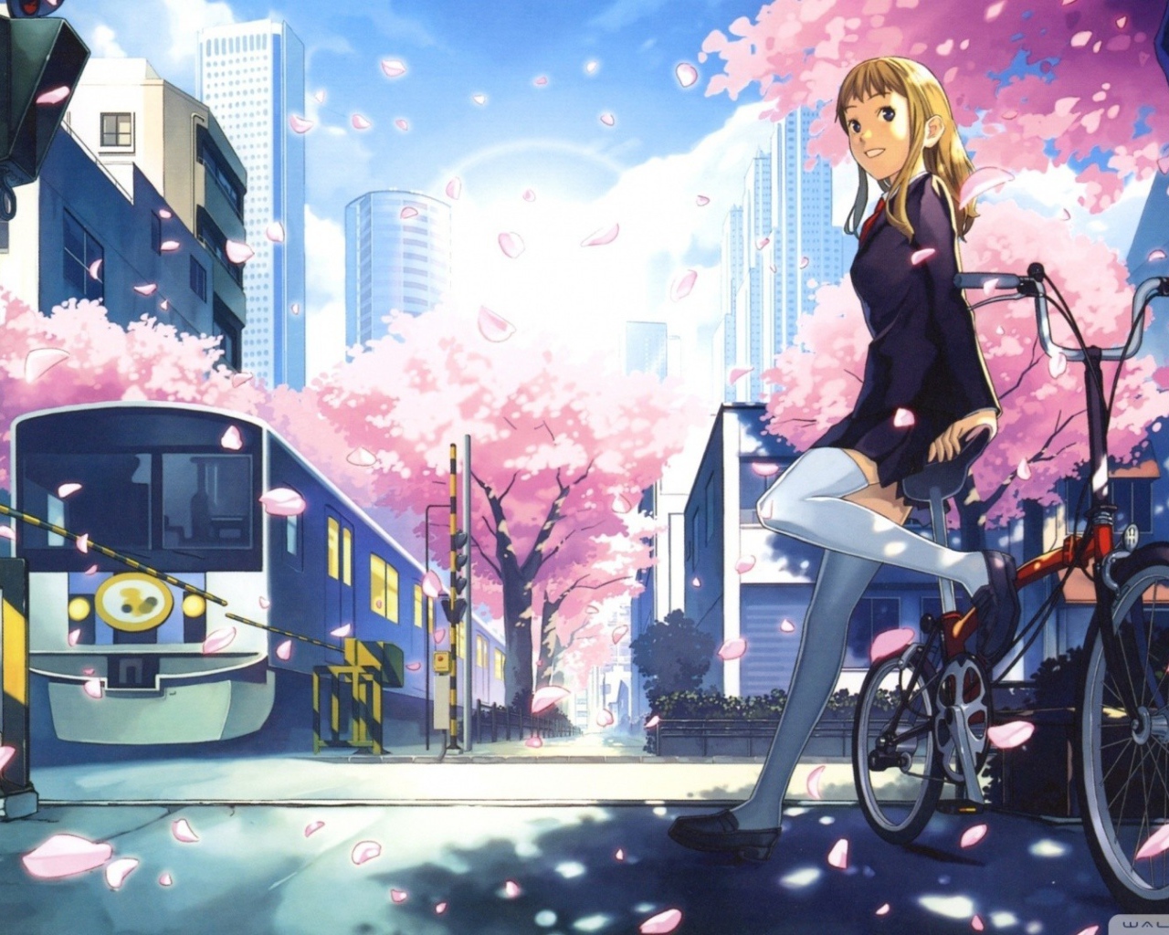 Аниме девушка на велосипеде у переезда