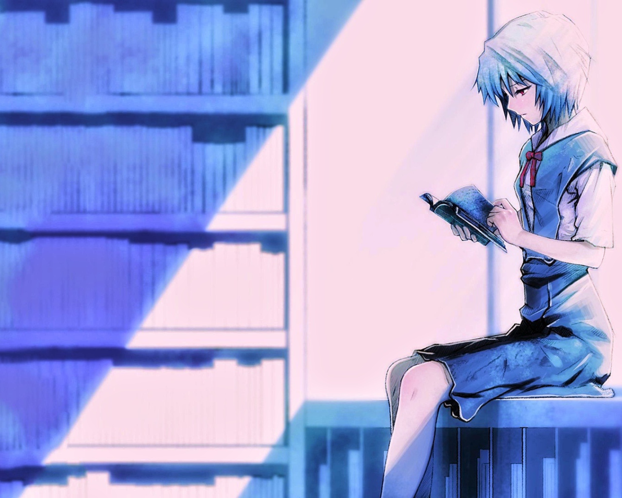 Девушка аниме Рей Аянами читает книгу