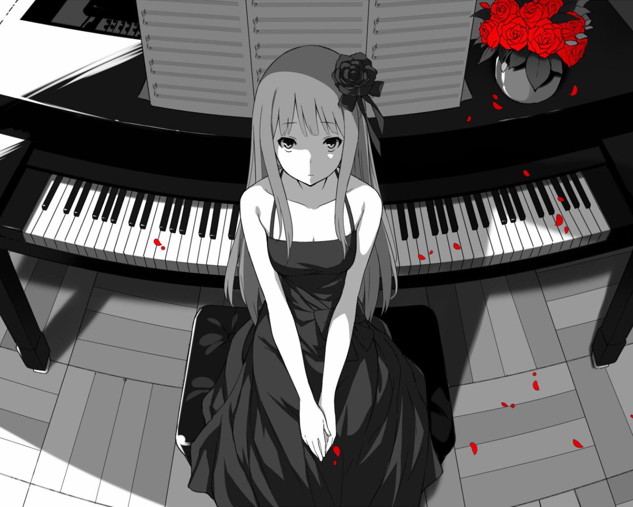 Аниме девушка сидит у пианино