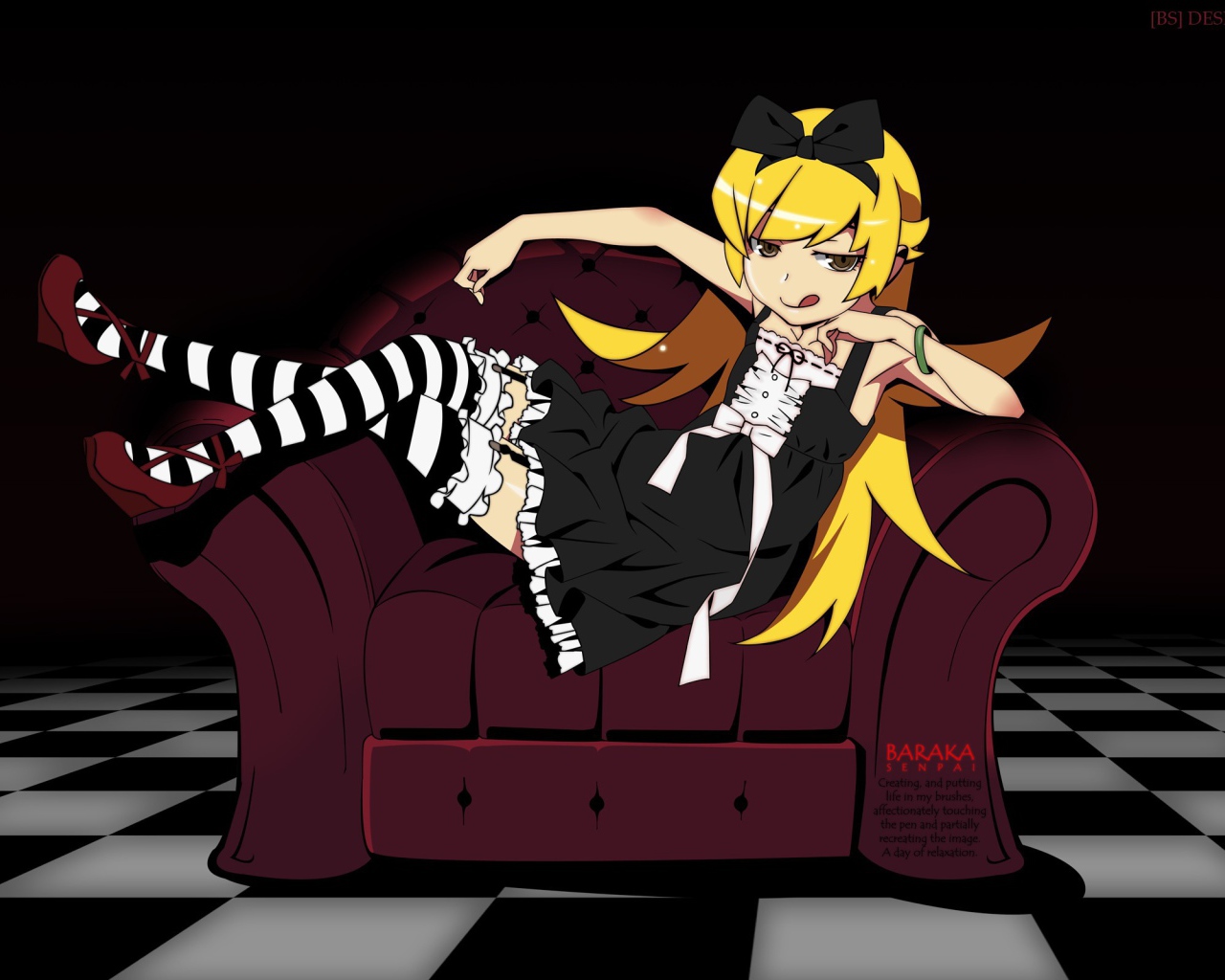 Девушка аниме Ошино сидит на кресле